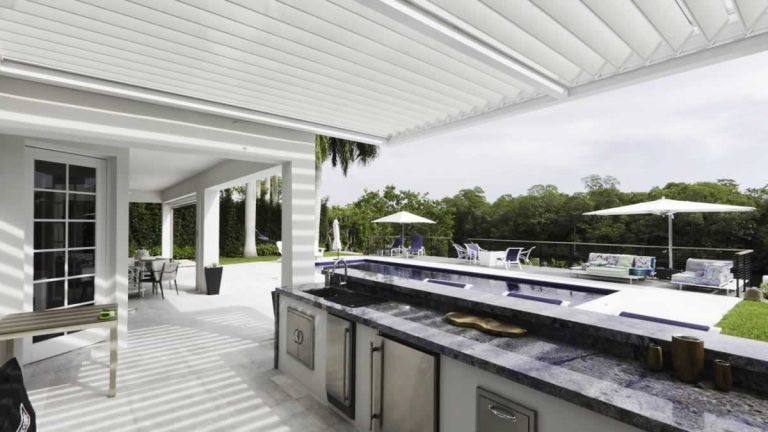 Custom aluminum pergola over a Cliff's pool deck