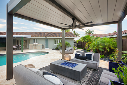 Elegant covered roof for outdoor patio by Cliff's Pools in South Florida